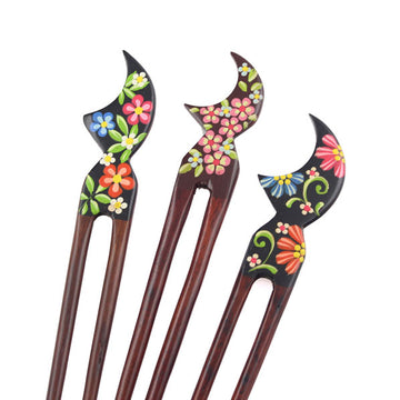 Handmade Teakwood 2-Prong Color Lacquered Hair Stick